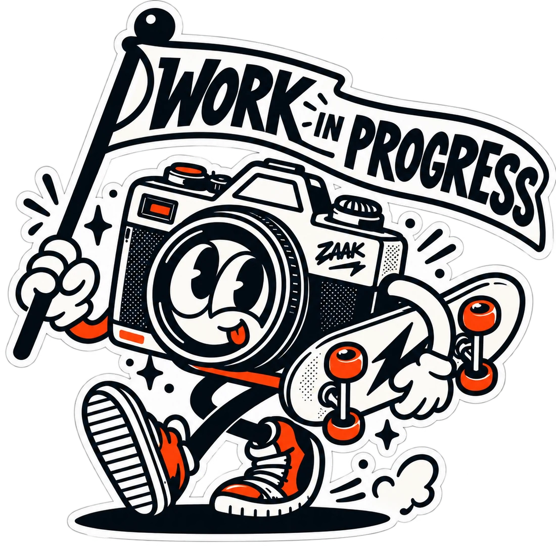ZAAK camera character with a work in progress flag